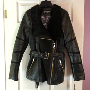 Edgy Black motto leather long jacket Guess